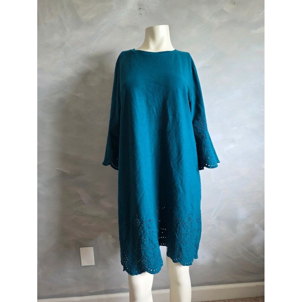 J. Jill Teal Scallop Edge Eyelet Trimmed Cotton Popover Dress Sz Large Petite